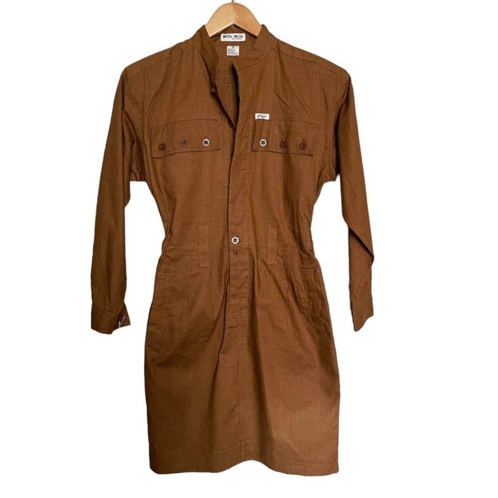 Vintage 80s Linen Safari Shirt Dress Tan Belted Utility Style | Size M | NWT - Picture 2 of 12